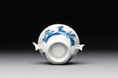 A rare Chinese blue and white 'qilin and phoenix' cup with handles, Kangxi