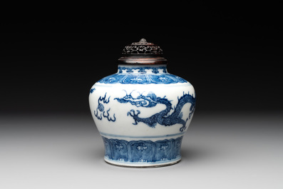 A Chinese blue and white 'dragon' vase with wooden cover and stand, Wanli mark, Republic