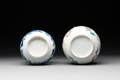 A Chinese blue and white vase after Venetian glass model, a famille verte plate and a famille rose bowl, Kangxi/Qianlong