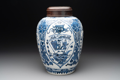 A Chinese blue and white jar and wooden cover, Kangxi