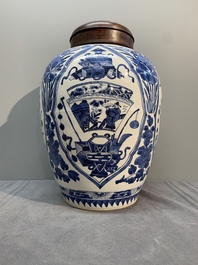 A Chinese blue and white jar and wooden cover, Kangxi