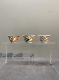 A varied collection of five Chinese famille rose cups and six saucers, Yongzheng/Qianlong