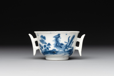 A rare Chinese blue and white 'qilin and phoenix' cup with handles, Kangxi