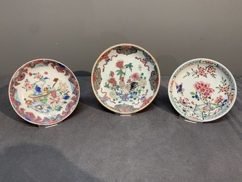 A varied collection of five Chinese famille rose cups and six saucers, Yongzheng/Qianlong