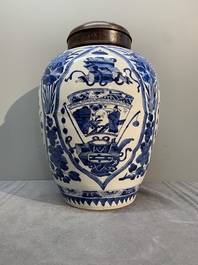 A Chinese blue and white jar and wooden cover, Kangxi