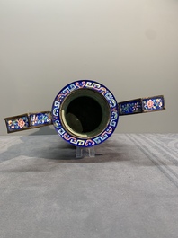 A Chinese blue-ground Canton enamel 'flower scroll' censer, Qianlong