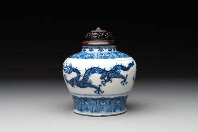 A Chinese blue and white 'dragon' vase with wooden cover and stand, Wanli mark, Republic