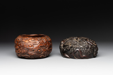 Two Chinese carved bamboo water pots and a hongmu covered box, 19th C.