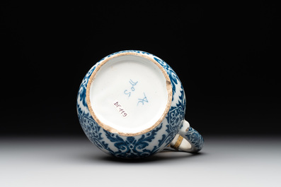 A fine blue and white Dutch Delft gilt-silver-mounted ewer and cover in the style of Daniel Marot, ca. 1700