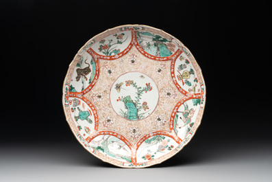 A Chinese blue and white vase after Venetian glass model, a famille verte plate and a famille rose bowl, Kangxi/Qianlong