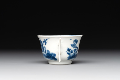 A rare Chinese blue and white 'qilin and phoenix' cup with handles, Kangxi