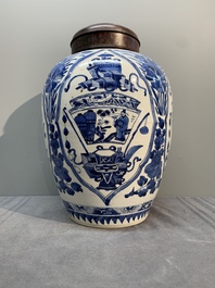A Chinese blue and white jar and wooden cover, Kangxi