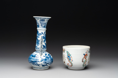 A Chinese blue and white vase after Venetian glass model, a famille verte plate and a famille rose bowl, Kangxi/Qianlong