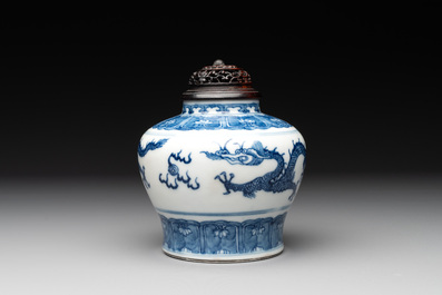 A Chinese blue and white 'dragon' vase with wooden cover and stand, Wanli mark, Republic