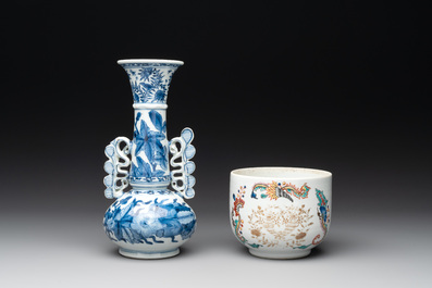 A Chinese blue and white vase after Venetian glass model, a famille verte plate and a famille rose bowl, Kangxi/Qianlong