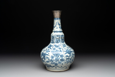 A Chinese blue and white pear-shaped vase with an Islamic market metal mount, Ming