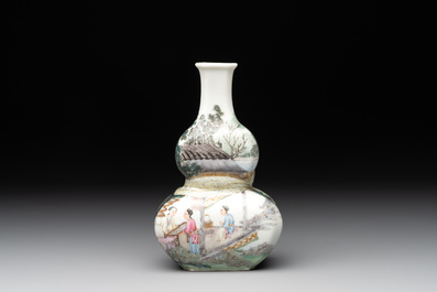 A compressed Chinese famille rose 'silk production' double-gourd vase, Republic