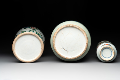 Two Chinese famille verte vases and a blue and white celadon-ground vase, 19th C.