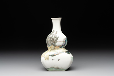 A compressed Chinese famille rose 'silk production' double-gourd vase, Republic