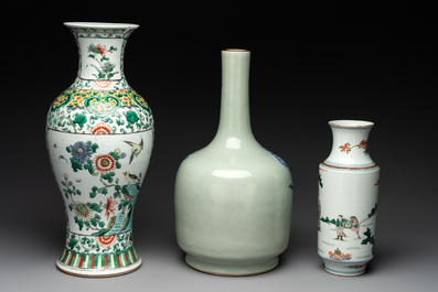 Two Chinese famille verte vases and a blue and white celadon-ground vase, 19th C.