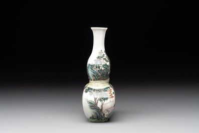 A compressed Chinese famille rose 'silk production' double-gourd vase, Republic
