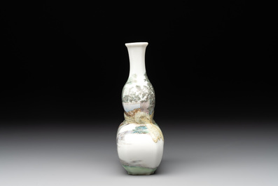 A compressed Chinese famille rose 'silk production' double-gourd vase, Republic