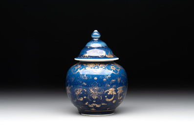 A Chinese gilt-decorated powder-blue bowl and a covered jarlet, Kangxi/Qianlong
