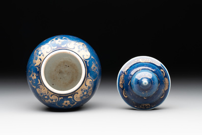 A Chinese gilt-decorated powder-blue bowl and a covered jarlet, Kangxi/Qianlong