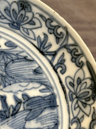 Five Chinese Swatow blue and white 'rooster' plates, Ming