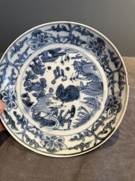 Five Chinese Swatow blue and white 'rooster' plates, Ming