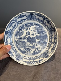 Five Chinese Swatow blue and white 'rooster' plates, Ming