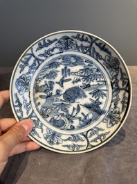 Five Chinese Swatow blue and white 'rooster' plates, Ming