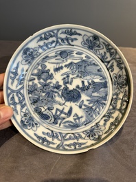 Five Chinese Swatow blue and white 'rooster' plates, Ming