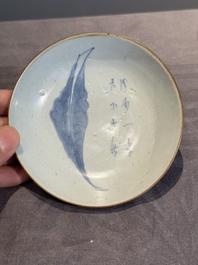 Six Chinese blue and white 'leaf and poem' saucers, Shunzhi
