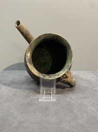 A Chinese inscribed archaic bronze tripod ritual wine vessel and cover, 'He 盉', Western Zhou