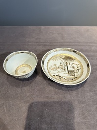 A fine Chinese gilt-decorated grisaille 'Xi Xiang Ji' cup and saucer, Yongzheng