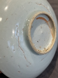 Six Chinese blue and white 'leaf and poem' saucers, Shunzhi