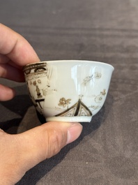 A fine Chinese gilt-decorated grisaille 'Xi Xiang Ji' cup and saucer, Yongzheng