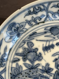 Five Chinese Swatow blue and white 'rooster' plates, Ming