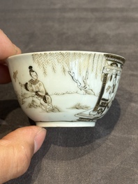 A fine Chinese gilt-decorated grisaille 'Xi Xiang Ji' cup and saucer, Yongzheng