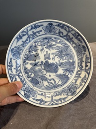 Five Chinese Swatow blue and white 'rooster' plates, Ming