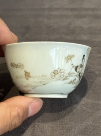 A fine Chinese gilt-decorated grisaille 'Xi Xiang Ji' cup and saucer, Yongzheng