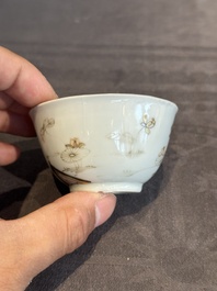 A fine Chinese gilt-decorated grisaille 'Xi Xiang Ji' cup and saucer, Yongzheng