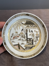 A fine Chinese gilt-decorated grisaille 'Xi Xiang Ji' cup and saucer, Yongzheng