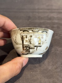 A fine Chinese gilt-decorated grisaille 'Xi Xiang Ji' cup and saucer, Yongzheng