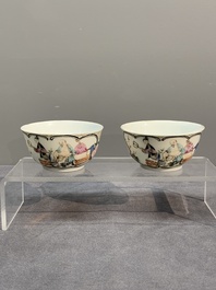Six Chinese Canton famille rose 'mandarin subject' cups and seven saucers, Yongzheng/Qianlong
