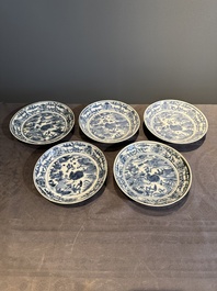 Five Chinese Swatow blue and white 'rooster' plates, Ming
