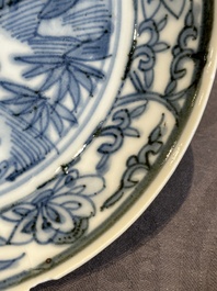 Five Chinese Swatow blue and white 'rooster' plates, Ming
