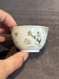 A fine Chinese gilt-decorated grisaille 'Xi Xiang Ji' cup and saucer, Yongzheng