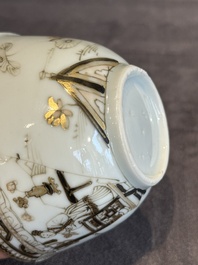 A fine Chinese gilt-decorated grisaille 'Xi Xiang Ji' cup and saucer, Yongzheng